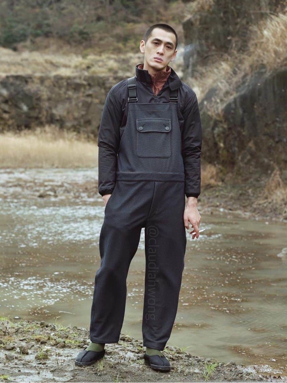 SNOW PEAK Takibi Knit Overalls in Black Grey